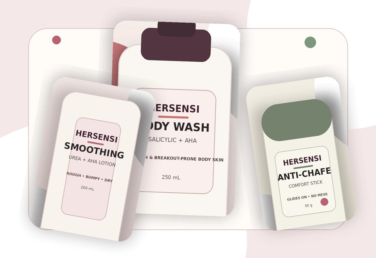 Hersensi body wash, anti-chafing stick and smoothing lotion collection